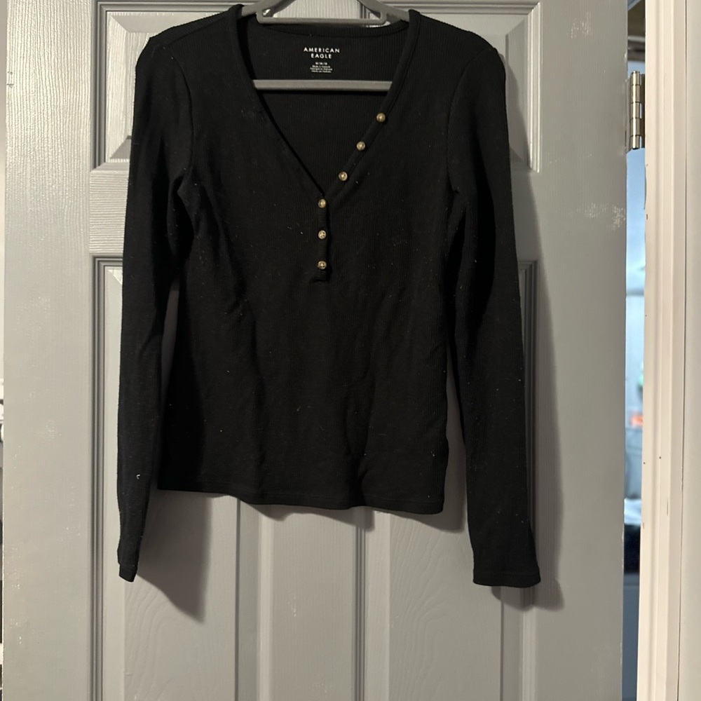 American Eagle Outfitters Black Long Sleeve Top with Button Accents